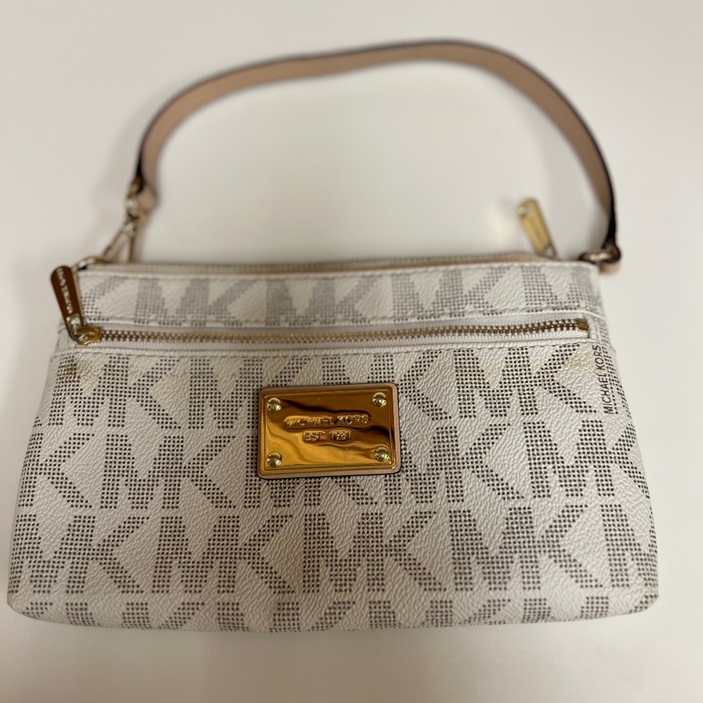 Michael Kors Signature Large Monogram Wristlet MK Logo - White w/ Gold Hardware